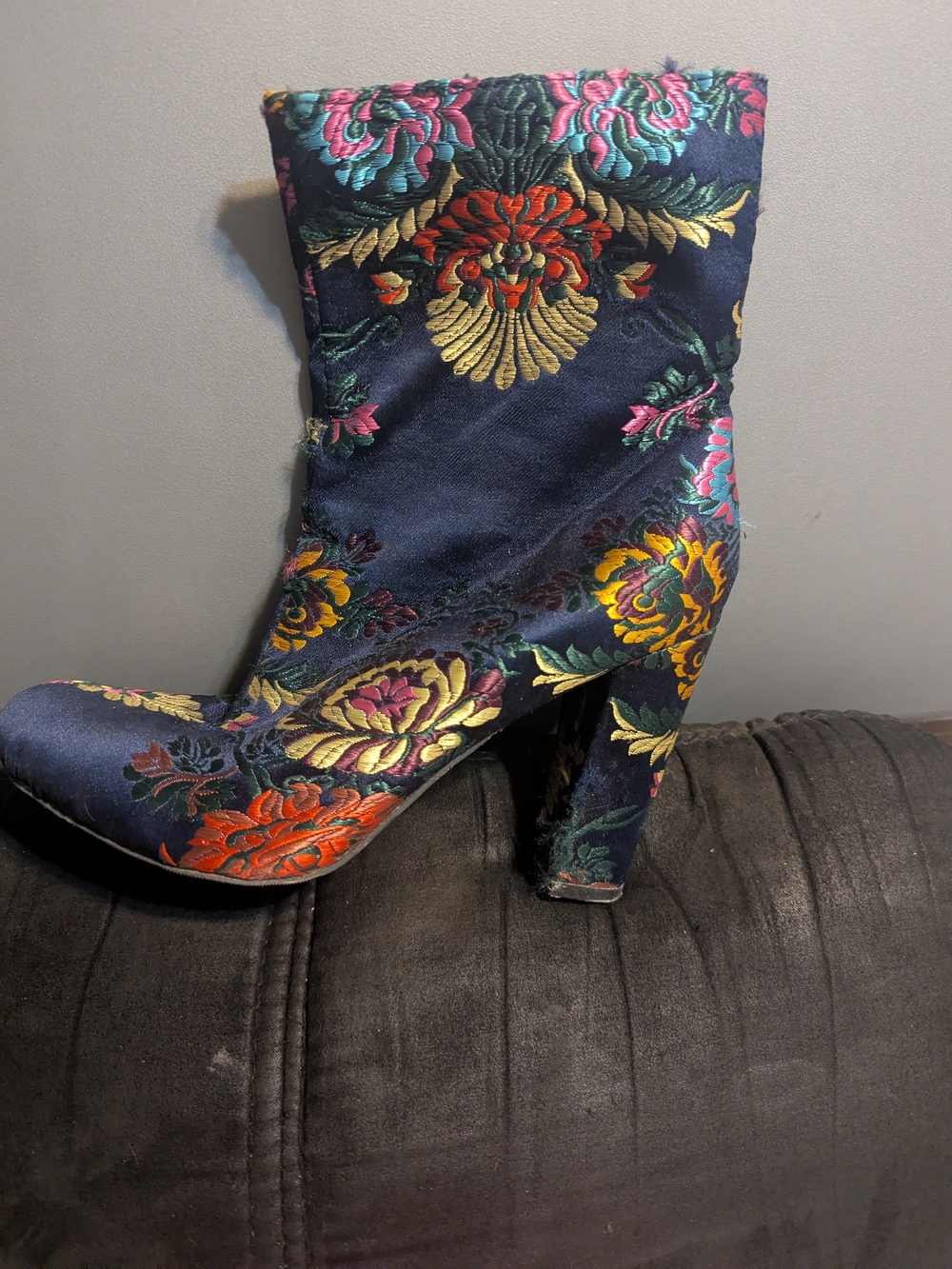 Floral Embroidered Navy Ankle Boots
